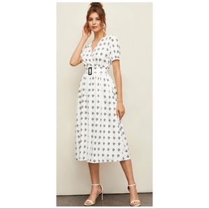 Surplice front belted A-line dress
